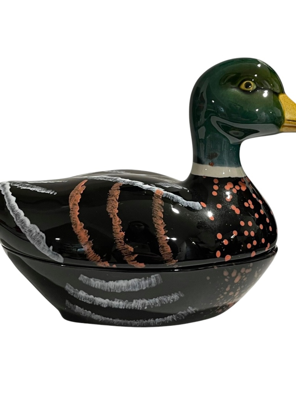 Vintage 1980s Michel Caugant French Hand Painted Ceramic Duck Terrine Faience